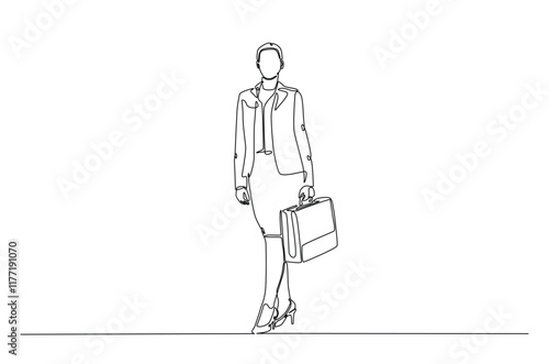 Businesswoman walking with briefacase in continuous one line drawing. Simple line art illustration of businesswoman with briefacase. Editable vector.