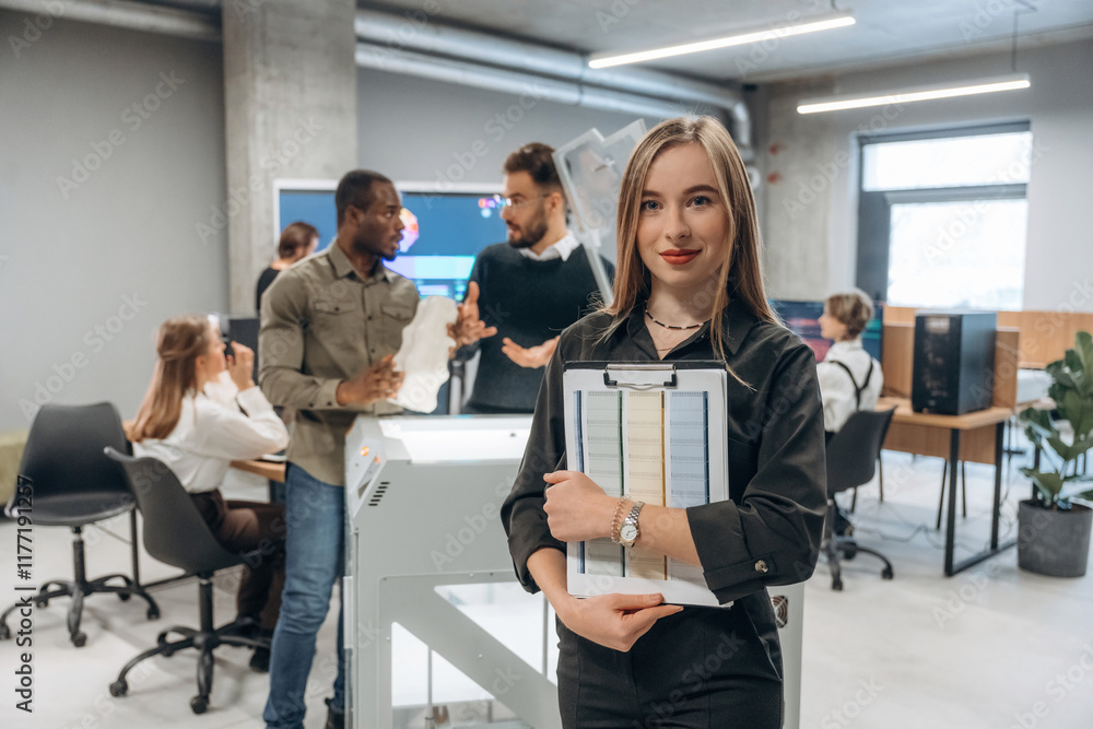 Young woman is standing in front of colleagues. People are in the office by the 3d printer Young woman is standing in front of colleagues. People are in the office by the 3d printer