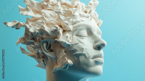 Abstract polygonal male head portrairt on blue background. Artificial intelligence concept. 3D Rendering. photo