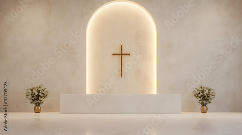 A majestic Catholic church interior bathed in warm, spiritual light, showcasing the grandeur and solemn atmosphere of the sacred space, with intricate architectural details and a peaceful, reverent am