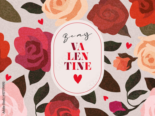 Creative concept of Happy Valentines Day card. Modern art design with roses, hearts and modern typography. Design template for celebration, ads, branding, banner, cover, label, poster in trendy brown