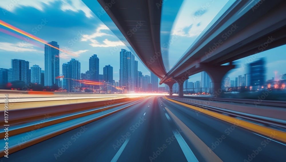 Naklejka premium Dynamic Highway Overpass with Motion Blur and Urban Skyline at Sunset