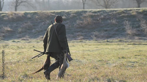 During small game hunting, the hunter carries the game he has killed: rabbits and pheasants. photo