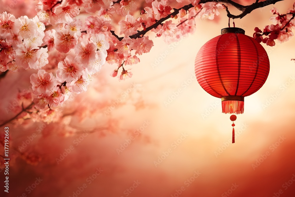 Obraz premium Chinese New Year theme with lantern and blossoms with matching background and copy space