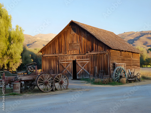 Rustic wooden barn decor ideas. Farm equipment display tips for home. Creative barn-themed interior design inspiration. Vintage farm tools for rustic charm. photo