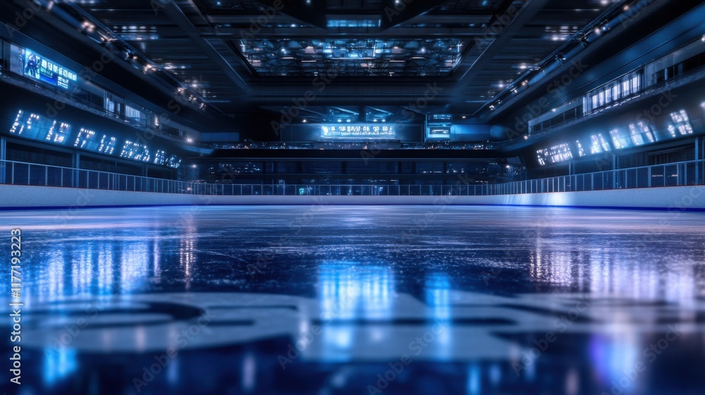 Empty Ice Rink at Night - Stunning Modern Arena Empty Ice Rink at Night - Stunning Modern Arena