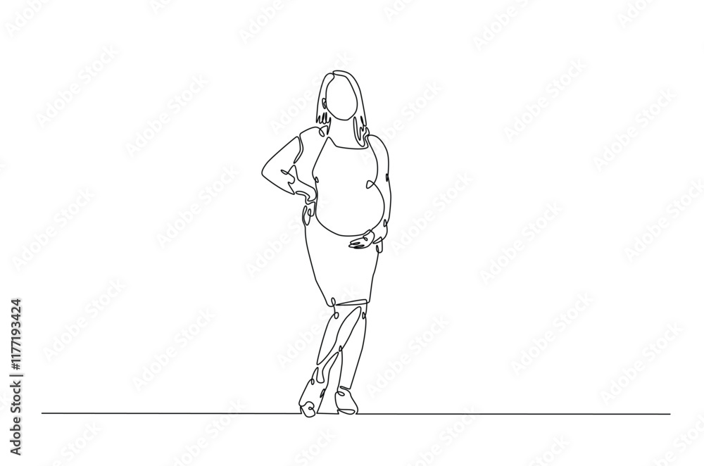 Beautiful pregnant woman touching her belly in continuous one line drawing. Simple line art illustration of pregnant belly. Editable vector.