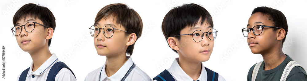 Set of Asian teenage boys wearing glasses on a white background. Set of Asian teenage boys wearing glasses on a white background.