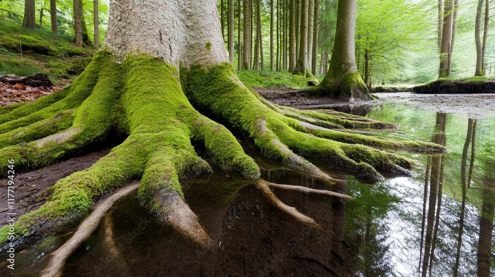 Majestic tree roots covered in moss beside a tranquil forest stream Majestic tree roots covered in moss beside a tranquil forest stream