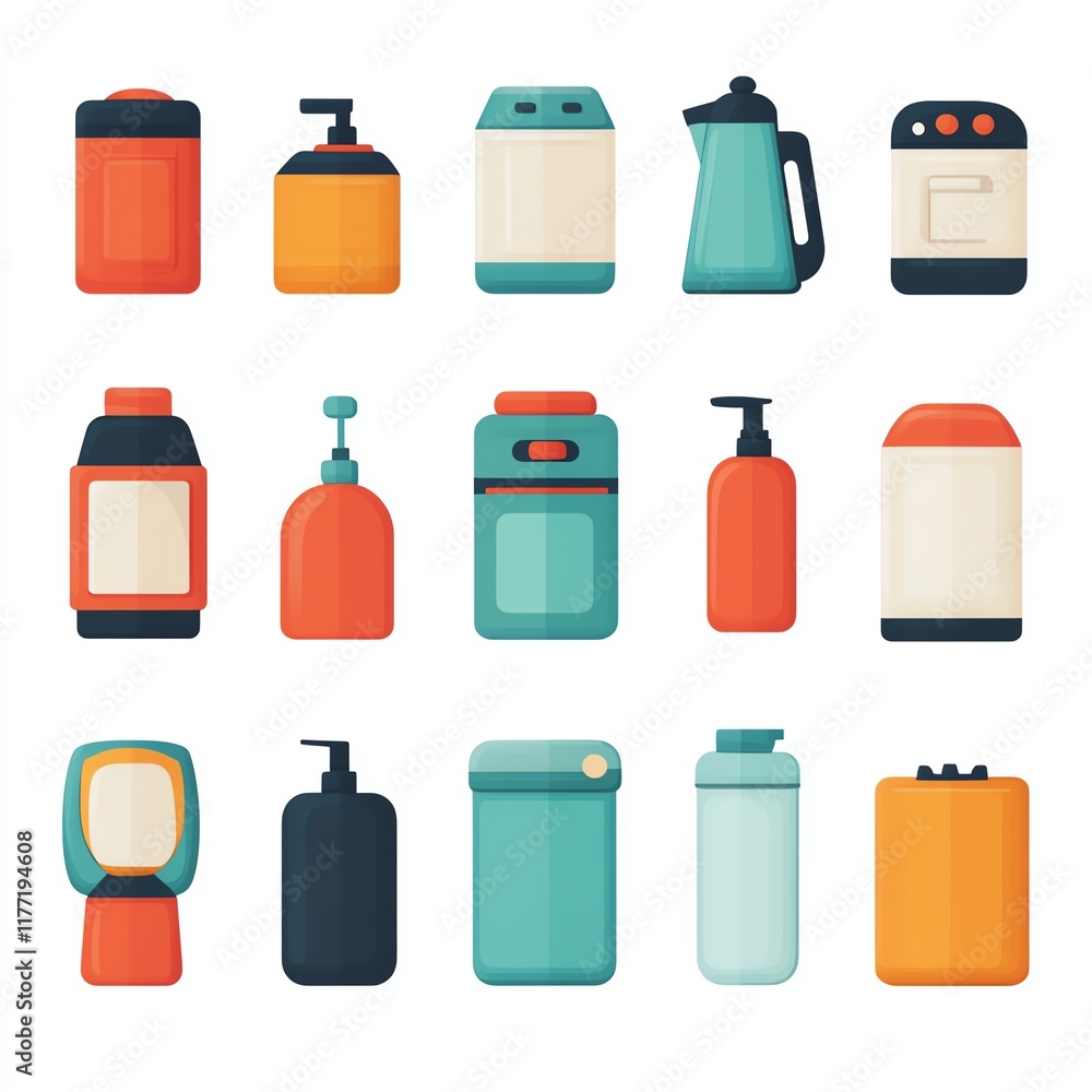 A collection of colorful, modern containers and bottles for various products, featuring diverse shapes and sizes in a flat design style. A collection of colorful, modern containers and bottles for various products, featuring diverse shapes and sizes in a flat design style.