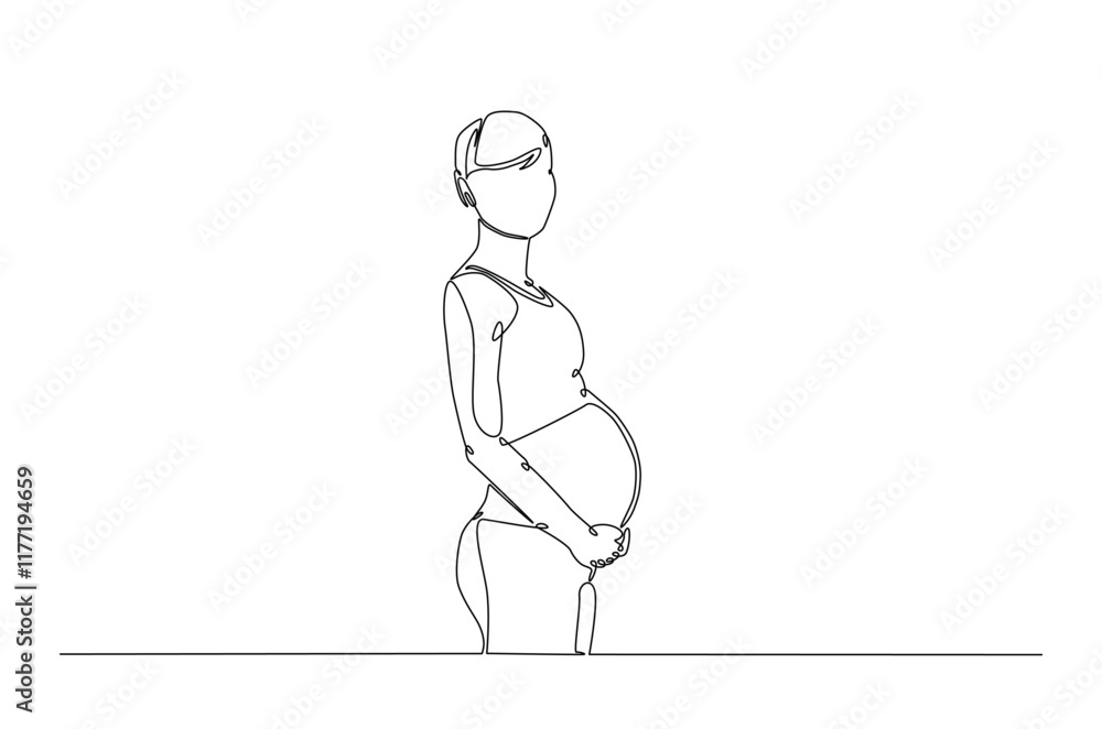 Beautiful pregnant woman touching her belly in continuous one line drawing. Simple line art illustration of pregnant belly. Editable vector. Beautiful pregnant woman touching her belly in continuous one line drawing. Simple line art illustration of pregnant belly. Editable vector.