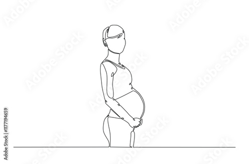 Beautiful pregnant woman touching her belly in continuous one line drawing. Simple line art illustration of pregnant belly. Editable vector.