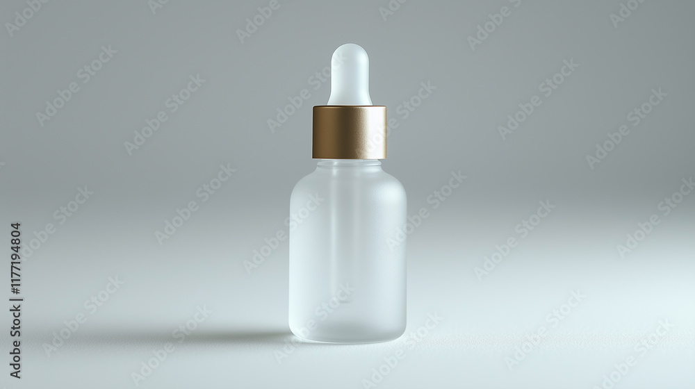 A clear glass dropper bottle with a gold cap stands upright on a smooth, neutral background. The design emphasizes simplicity and elegance, suitable for beauty products. A clear glass dropper bottle with a gold cap stands upright on a smooth, neutral background. The design emphasizes simplicity and elegance, suitable for beauty products.