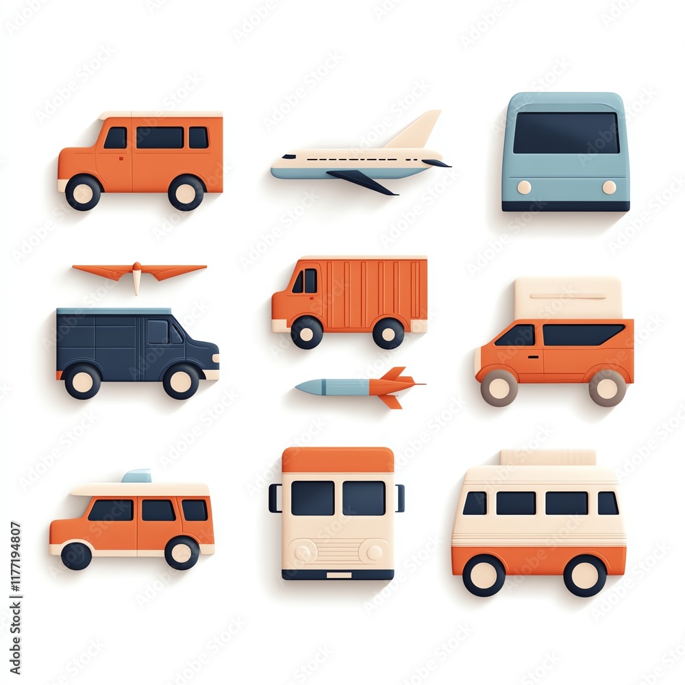 A colorful flat design arrangement of various vehicles, including cars, trucks, and an airplane, showcasing modern transportation options. A colorful flat design arrangement of various vehicles, including cars, trucks, and an airplane, showcasing modern transportation options.