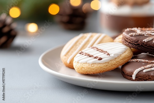 A beautifully arranged plate of assorted cookies featuring intricate decorations, perfect for a cozy gathering or holiday celebration, with a warm ambiance around. photo