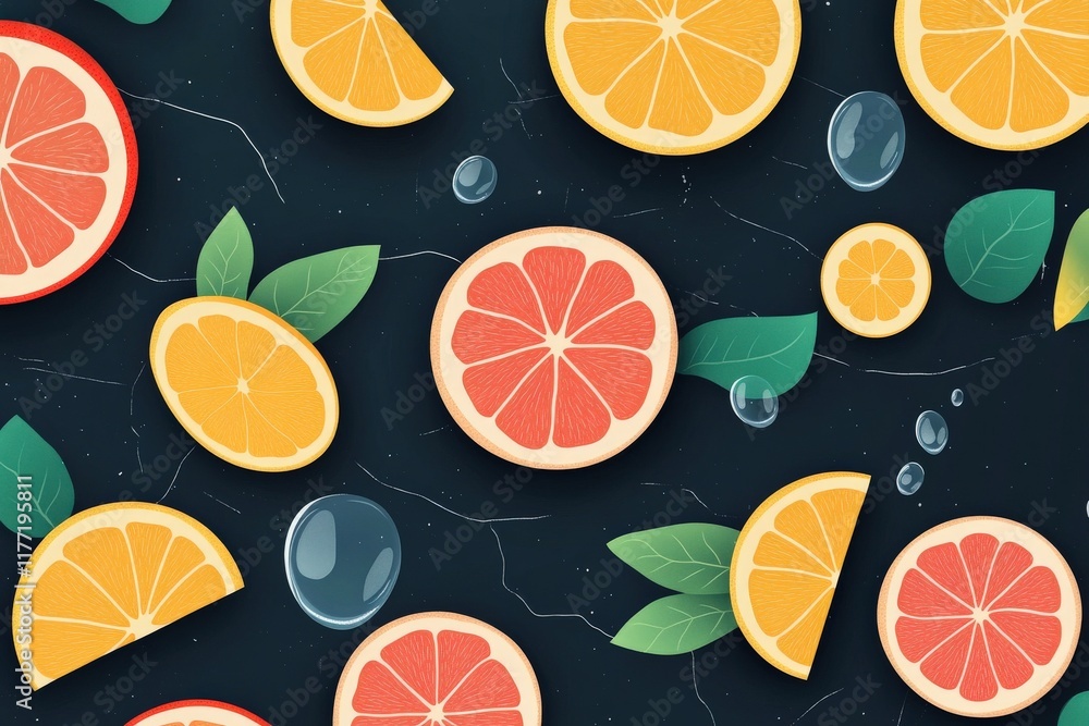Vibrant Citrus Fruits Over Dark Background: A Beautiful Array of Grapefruit, Lemon, and Orange Slices with Green Leaves and Water Bubbles for Freshness Vibrant Citrus Fruits Over Dark Background: A Beautiful Array of Grapefruit, Lemon, and Orange Slices with Green Leaves and Water Bubbles for Freshness