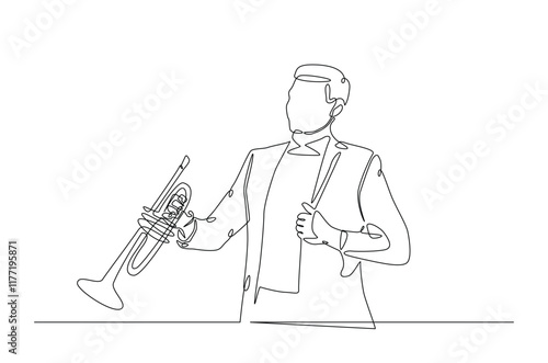 Trumpet player in continuous one line drawing. Single line art illustration of man holding trumpet music instrument. Editable vector.