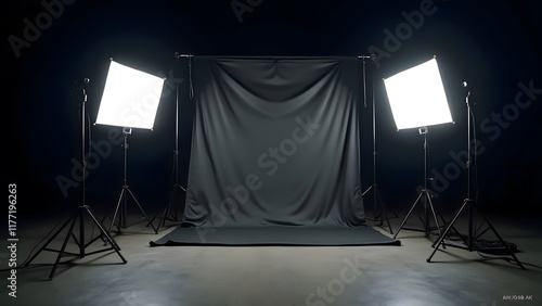 Studio Photography Setup Dark Background Bright Lights Tripods