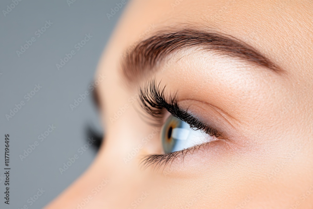 Obraz premium A side profile of an eye bathed in soft light, capturing the delicate features of eyelashes and skin texture, evoking calmness and serenity in this serene composition.