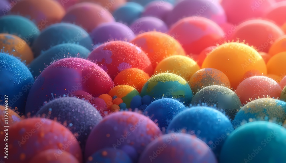 Fototapeta premium Vibrant multicolored spheres with dewdrops in soft lighting.