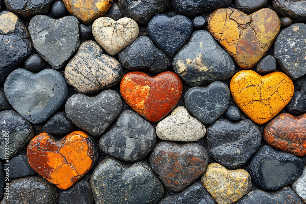 A wall of heart-shaped stones in different colors and textures creates an attractive pattern. A wall of heart-shaped stones in different colors and textures creates an attractive pattern.