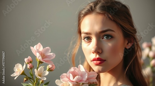 A professional photograph depicts a contemplative young woman with delicate features and fair skin, charmingly posing with blooming flowers in soft, warm light. The image features soft contrast, subtl