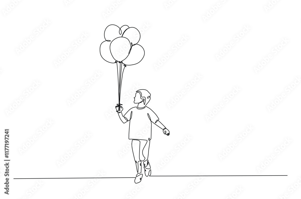 Happy Boy holding air balloons in continuous one line drawing. Single line art illustration of air balloons. Editable vector. Happy Boy holding air balloons in continuous one line drawing. Single line art illustration of air balloons. Editable vector.