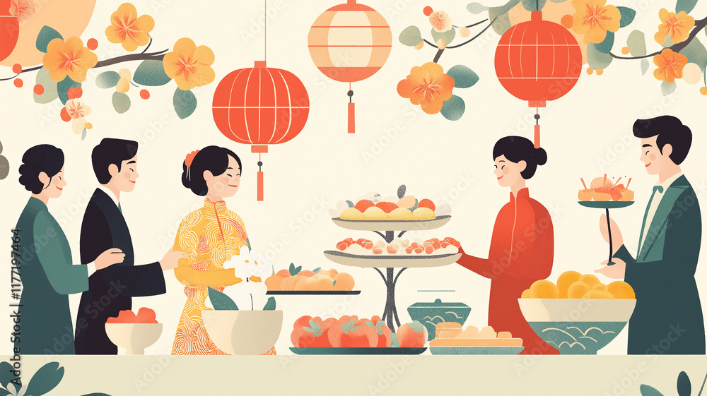 Fototapeta premium Festive Art Deco Lunar New Year gathering with modernized traditional touches 