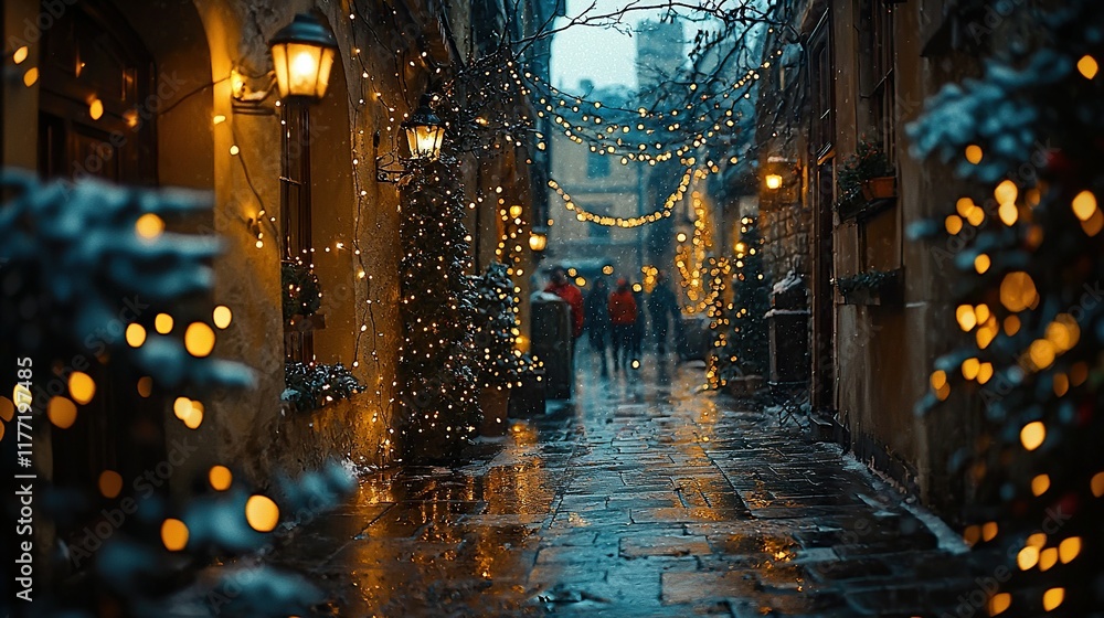 Obraz premium Snowy Christmas alley with lights, people stroll, festive background.