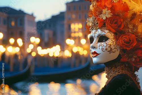 A vibrant and elegant Venice Carnival scene at dusk, featuring intricately dressed people in ornate masks and costumes, with a picturesque canal and gondolas illuminated by the warm glow of sunset photo