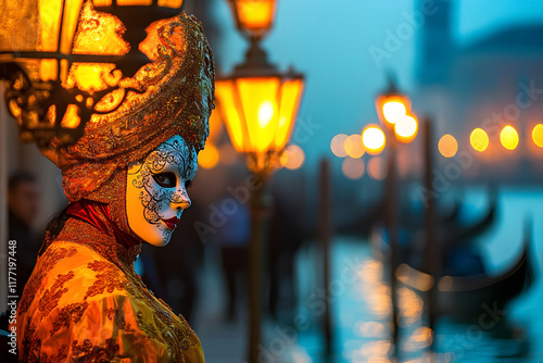 A vibrant and elegant Venice Carnival scene at dusk, featuring intricately dressed people in ornate masks and costumes, with a picturesque canal and gondolas illuminated by the warm glow of sunset photo