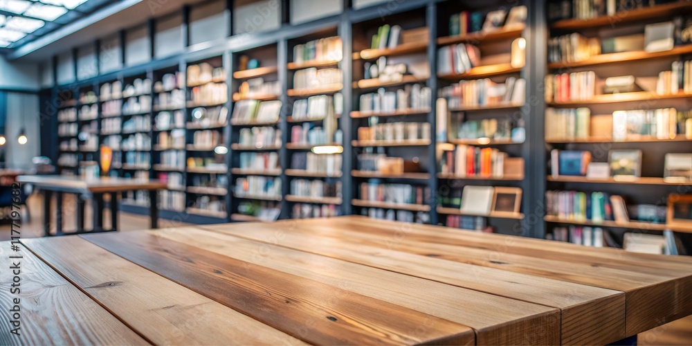 Light wooden table top in a contemporary library setting, featuring blurred bookshelves and soft lighting, ideal for showcasing products or design presentations. Light wooden table top in a contemporary library setting, featuring blurred bookshelves and soft lighting, ideal for showcasing products or design presentations.