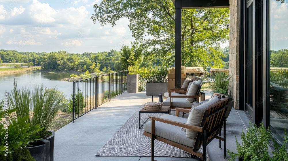 Fototapeta premium Scenic riverfront patio featuring comfortable chairs, greenery, and a tranquil space for outdoor enjoyment