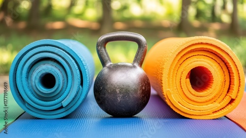 Fitness equipment, exercise mats, and kettlebell in a park setting. photo