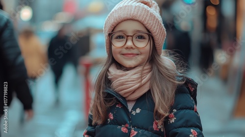 Wallpaper Mural Cheerful Girl in Winter Coat Wearing Beanie on City Street Torontodigital.ca