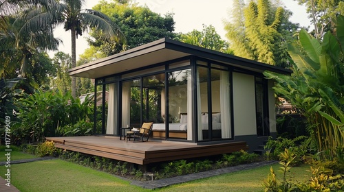 Wallpaper Mural Modern glass-walled bungalow on wooden deck nestled in lush tropical garden. Torontodigital.ca