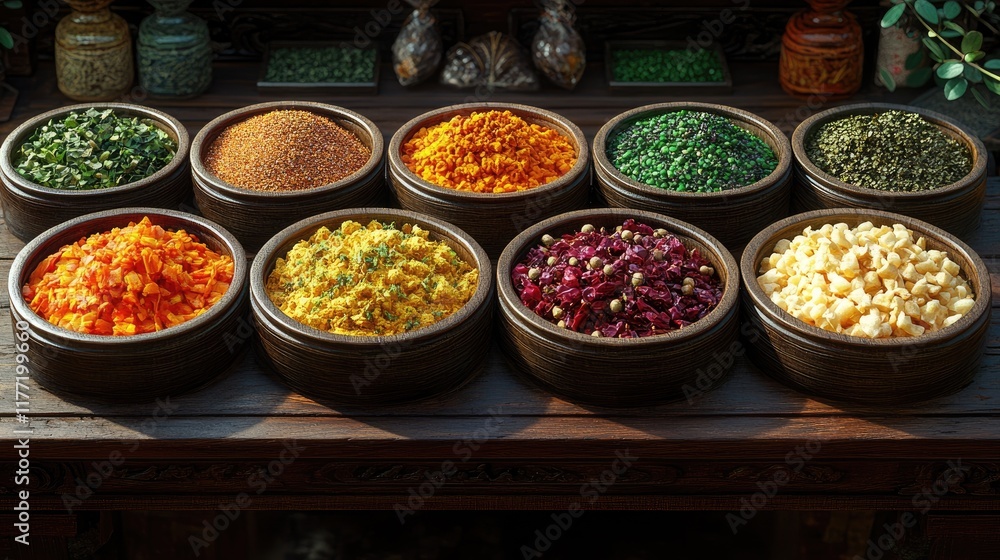 Colorful spices and herbs displayed on wooden table, shop background Colorful spices and herbs displayed on wooden table, shop background