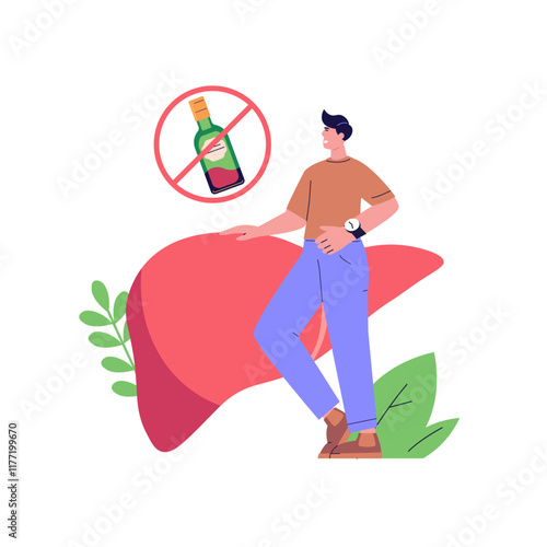 Stop drinking illustration. Healthy people refuse alcoholic drinks. Concept of alcohol addiction, sober, healthy lifestyle without alcohol. Vector flat cartoon design for web banners