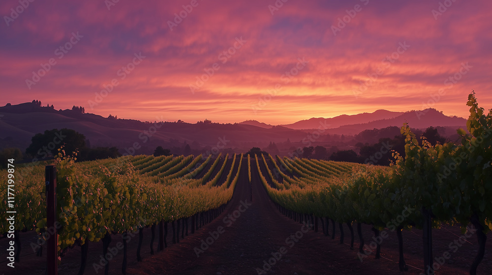 Obraz premium A vineyard at sunset, with rows of grapevines stretching towards the horizon
