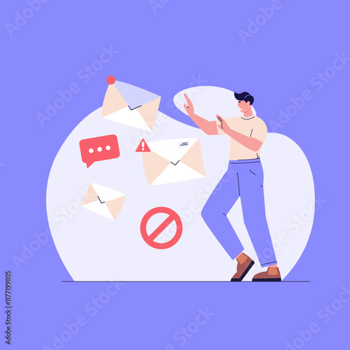 Spam message illustration. User receiving spam email and using anti-spam protection. Concept of spam software spreading, ad blocking, phishing attack, noise advertising. Vector flat cartoon design