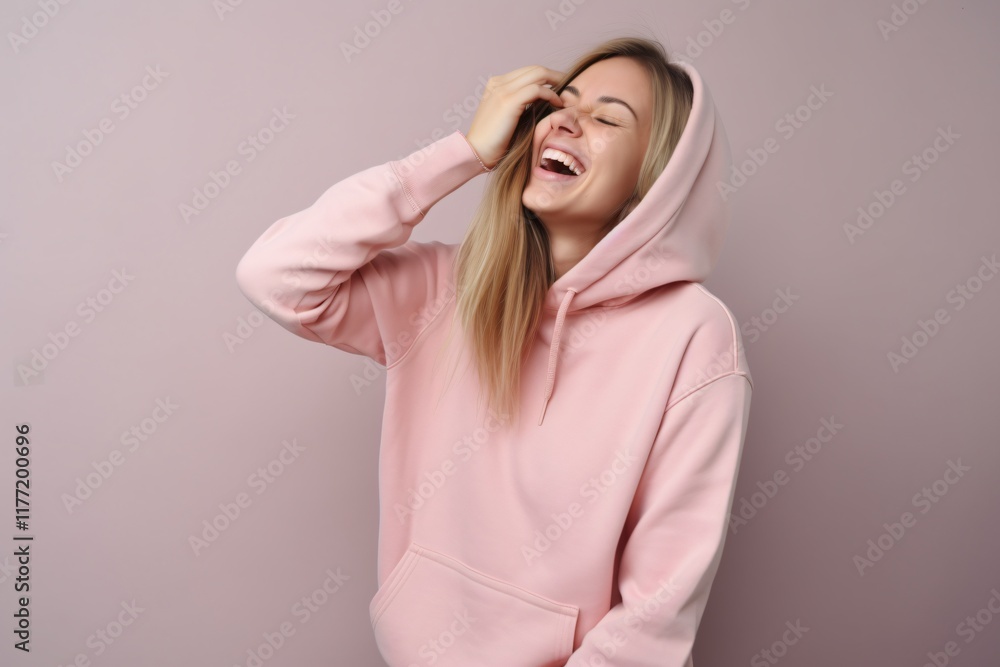 Woman laughing joyfully while wearing a pink hoodie against a soft pastel background Woman laughing joyfully while wearing a pink hoodie against a soft pastel background