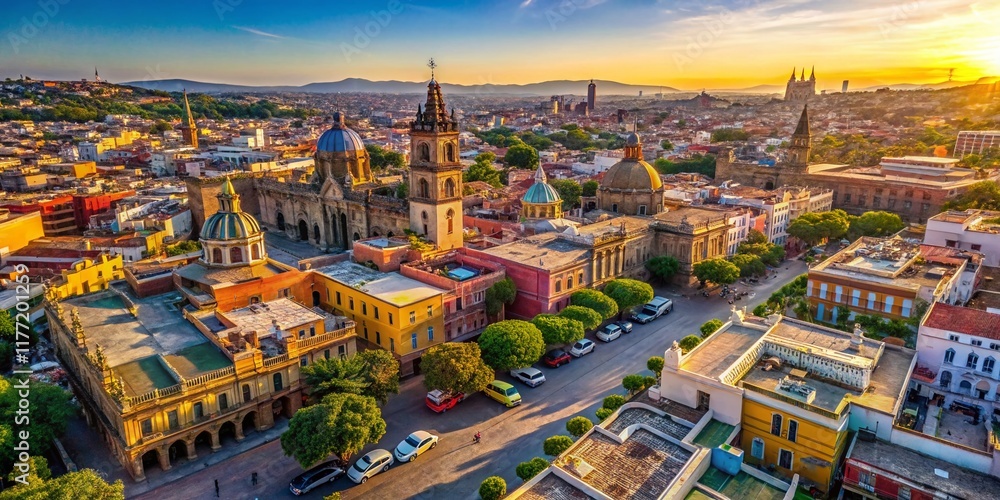 Obraz premium Aerial View of Guadalajara's Historic Center, Colorful Buildings and Streets