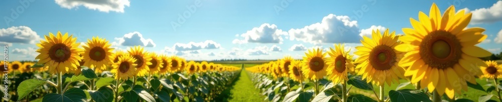 Endless rows of sunflowers bathed in sunlight under a flawless blue sky , scenic, rural, vibrant Endless rows of sunflowers bathed in sunlight under a flawless blue sky , scenic, rural, vibrant