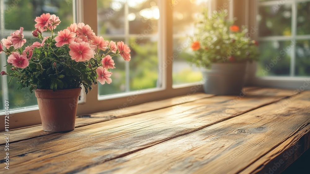 A rustic wooden table with flowers in a bright, inviting space, symbolizing coziness and natural aesthetics. A rustic wooden table with flowers in a bright, inviting space, symbolizing coziness and natural aesthetics.