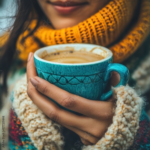 Woman Holding a Cup of Coffee Fictional Character Created By Generative AI  photo