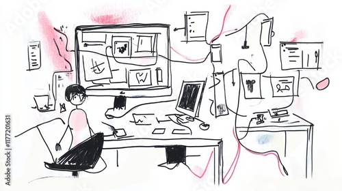 Busy Digital Workspace Sketch Art