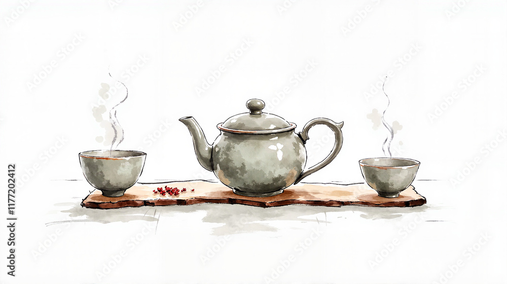 Elegant ceramic teapot and cups on wooden tray with steam Elegant ceramic teapot and cups on wooden tray with steam