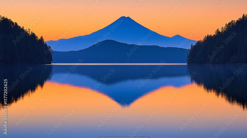 Fototapeta premium Serene sunrise over a still lake reflecting a majestic mountain.