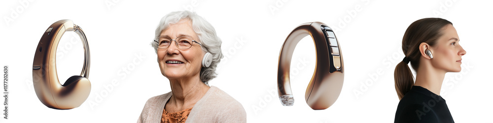 set of A person wearing a hearing aid, modern design of a hearing aid, an elderly woman wearing a hearing aid, a hearing aid of an elderly person, World Hearing Day, on a transparent backgrounds set of A person wearing a hearing aid, modern design of a hearing aid, an elderly woman wearing a hearing aid, a hearing aid of an elderly person, World Hearing Day, on a transparent backgrounds