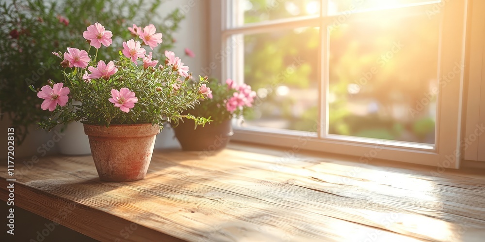 A rustic wooden table with flowers in a bright, inviting space, symbolizing coziness and natural aesthetics. A rustic wooden table with flowers in a bright, inviting space, symbolizing coziness and natural aesthetics.